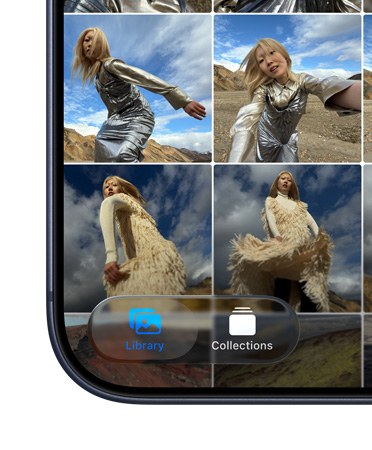 Den nederste venstre del af en iPhone-skærm viser et felt i Fotos-appen samt fanerne Bibliotek og Samlinger med det nye Liquid Glass-design